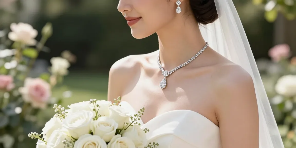 Beautiful bride showcasing white gold wedding jewellery in a sunlit garden.