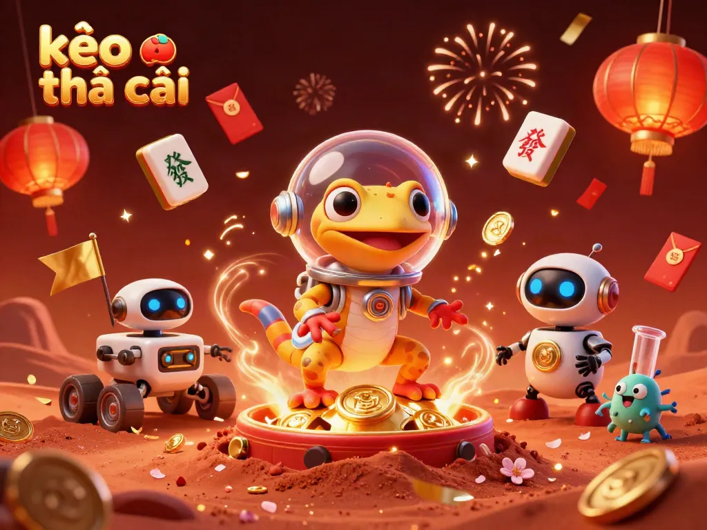 Engaging scene featuring kèo nhà cái illustrated by a Martian gecko and robot discovering a golden casino.