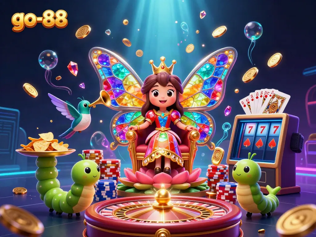 Engage with go-88's vibrant casino world, featuring a butterfly queen and golden gaming treasures.