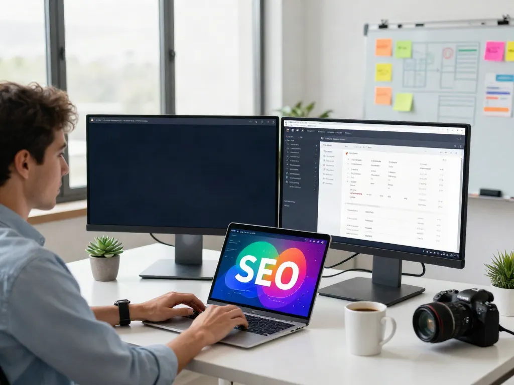 Marketing specialist managing instant indexing strategies in a bright office.