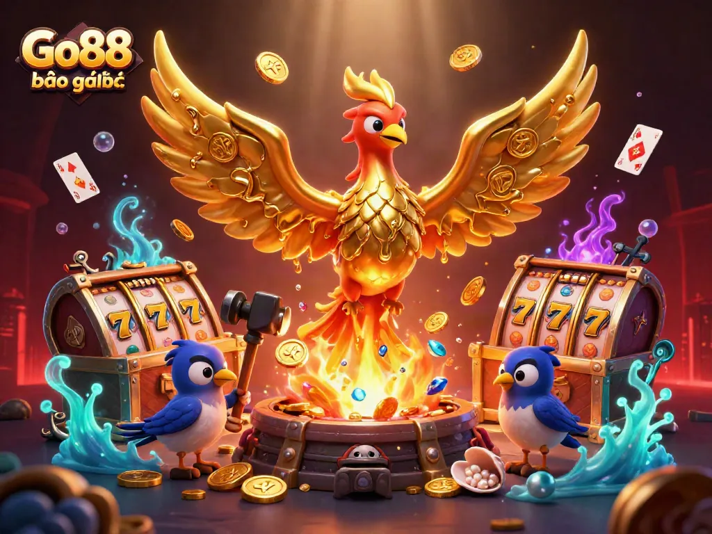 Engage with Go88 bảo mật visualizing a golden phoenix emerging, surrounded by vibrant slots and treasure