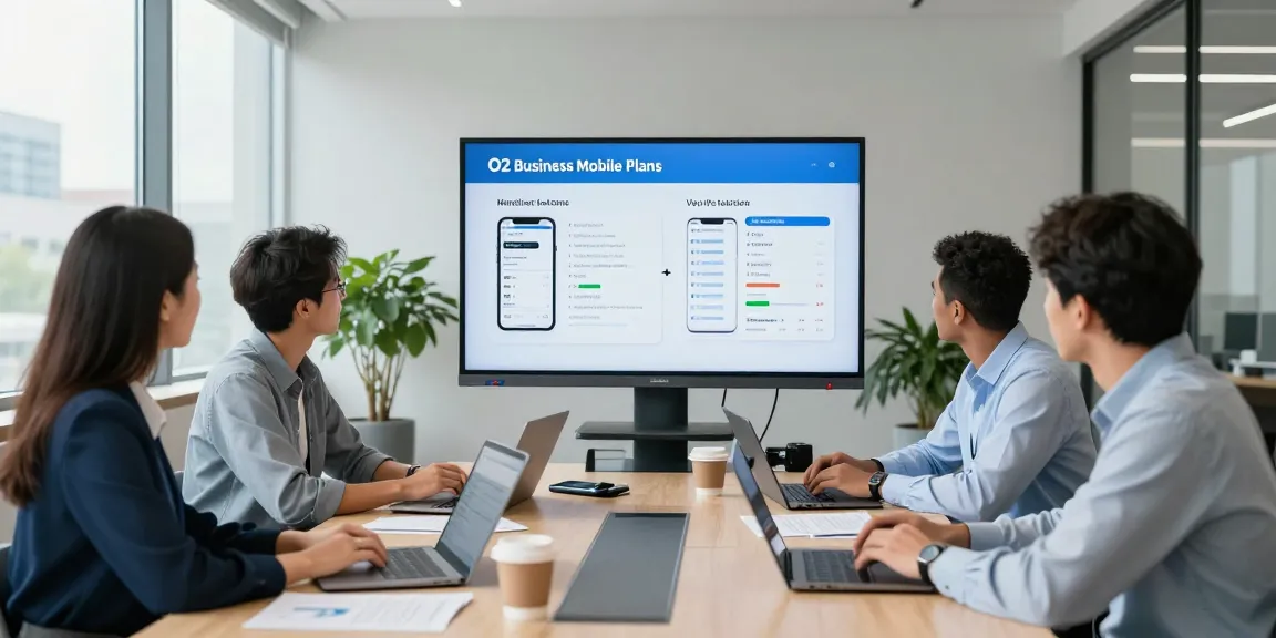 Team reviewing O2 login business solutions in modern office setup, showcasing collaboration.