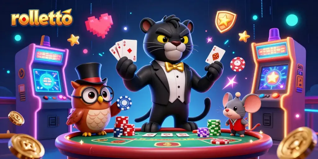 Experience thrilling gameplay at Rolletto with our friendly characters navigating vibrant casino elements.