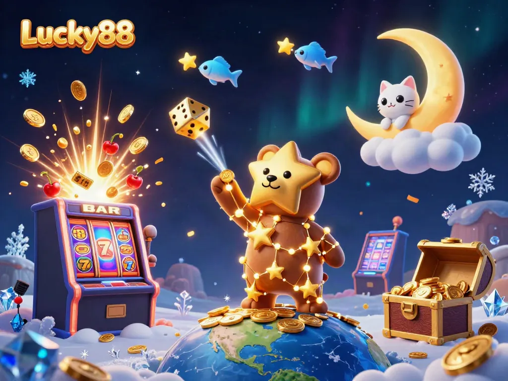Experience the magic of Lucky88 as the constellation bear scoops coins from Earth, surrounded by vibrant casino elements.