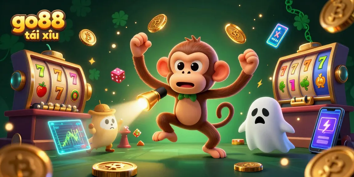 Engage in exciting go88 tài xỉu action with a mischievous monkey and a ghost-hunter puppy in a vibrant casino.