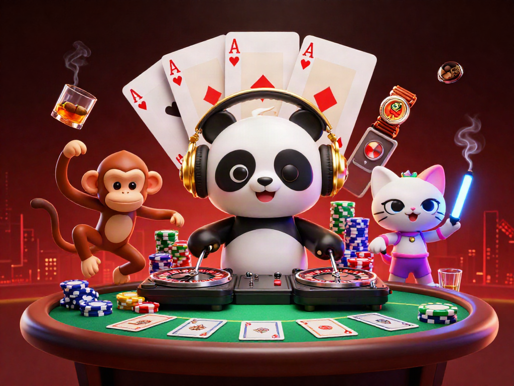 Party with nhà cái Jun88 as a DJ panda spins roulette wheels surrounded by poker chips.