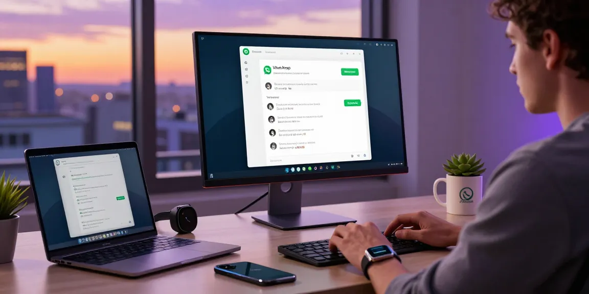 Using WhatsApp電腦版 on a stylish modern desktop setup, focused user managing tasks with tech gadgets and a city view.