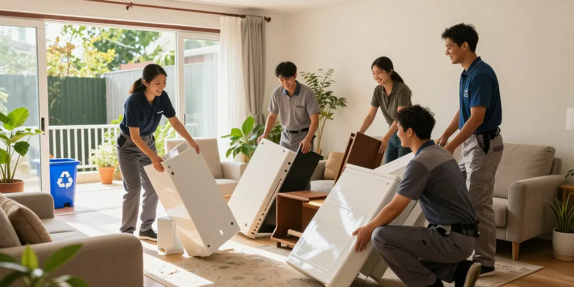 House clearance team efficiently removing furniture in a bright living room.