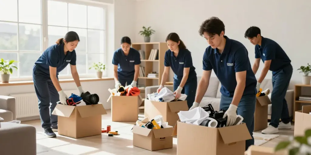 House Clearance Edinburgh professionals sorting items with care in a bright living room.