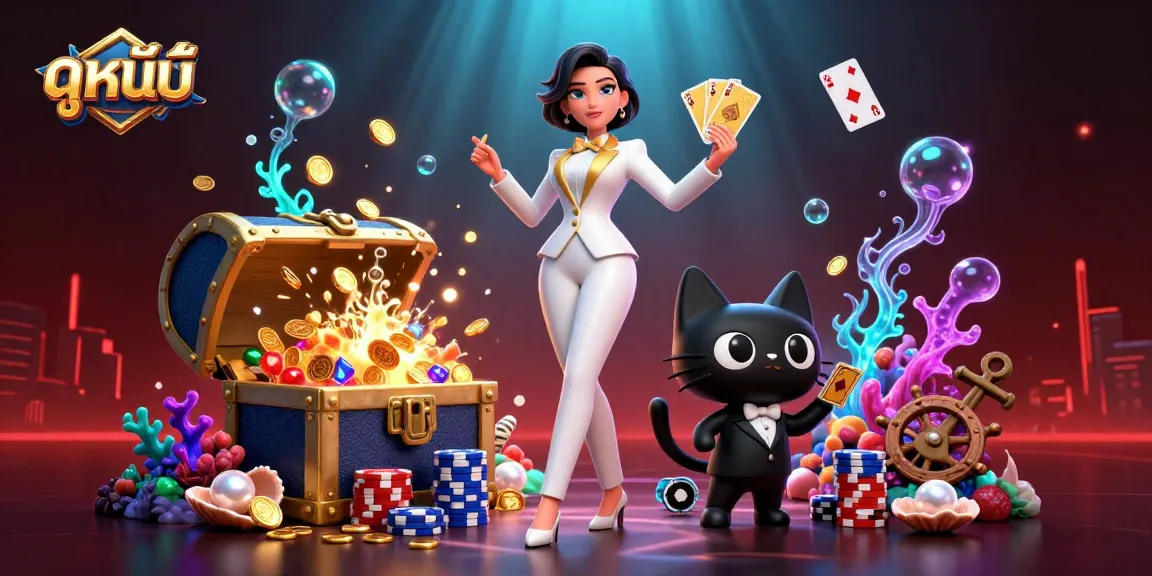 Engage in ดูหนังใหม่ with a glamorous character blending casino fun and captivating movies in a vibrant underwater world.