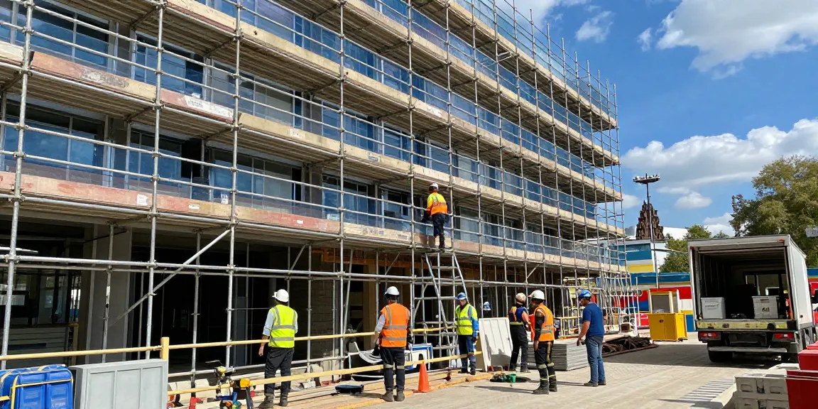 Commercial scaffolding in action during building renovation in London, showcasing professional construction safety practices and teamwork.