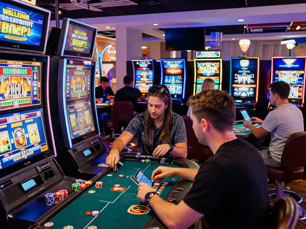 Exciting scene at online casinos that accept credit cards, showcasing diverse players engaging actively with slot machines and gaming tables.
