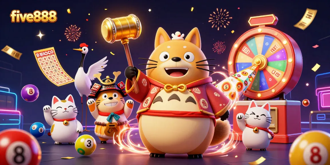 Engage in five888's vibrant online gaming world with joyful characters and exciting lottery elements.