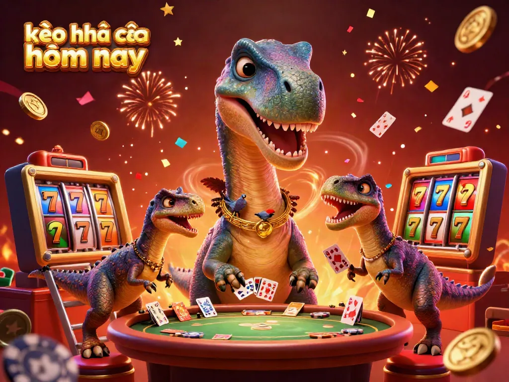 Engage in kèo nhà cái hôm nay action with a bustling casino scene featuring a giant brontosaurus and clever raptor.