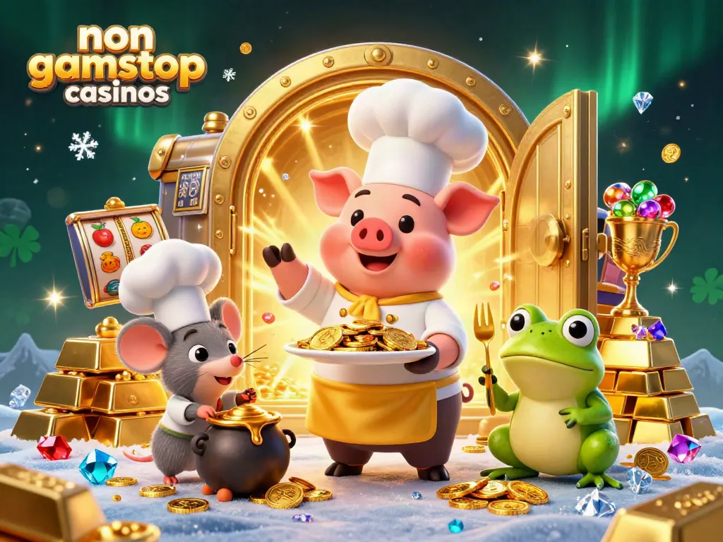 Engage with the vibrant scene at non gamstop casinos featuring a whimsical chef pig, rich gold treasures, and immersive casino elements.