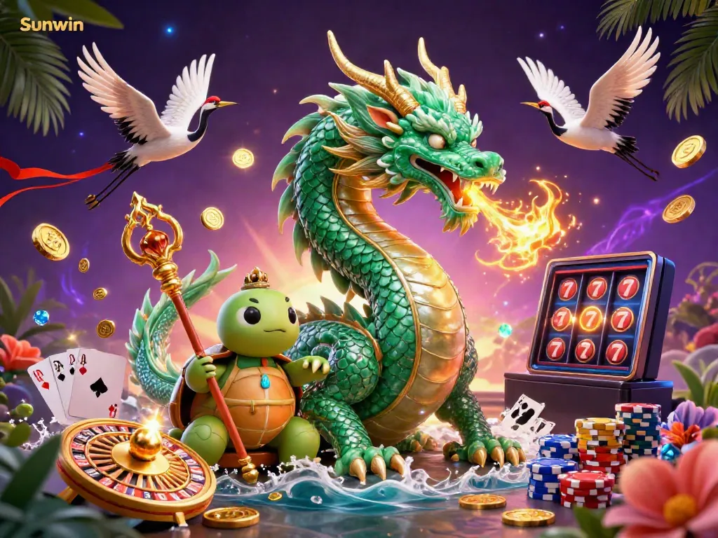Experience the thrill of Sunwin with a vibrant fantasy scene of a dragon, turtle sage, and lucky cranes amidst casino elements.