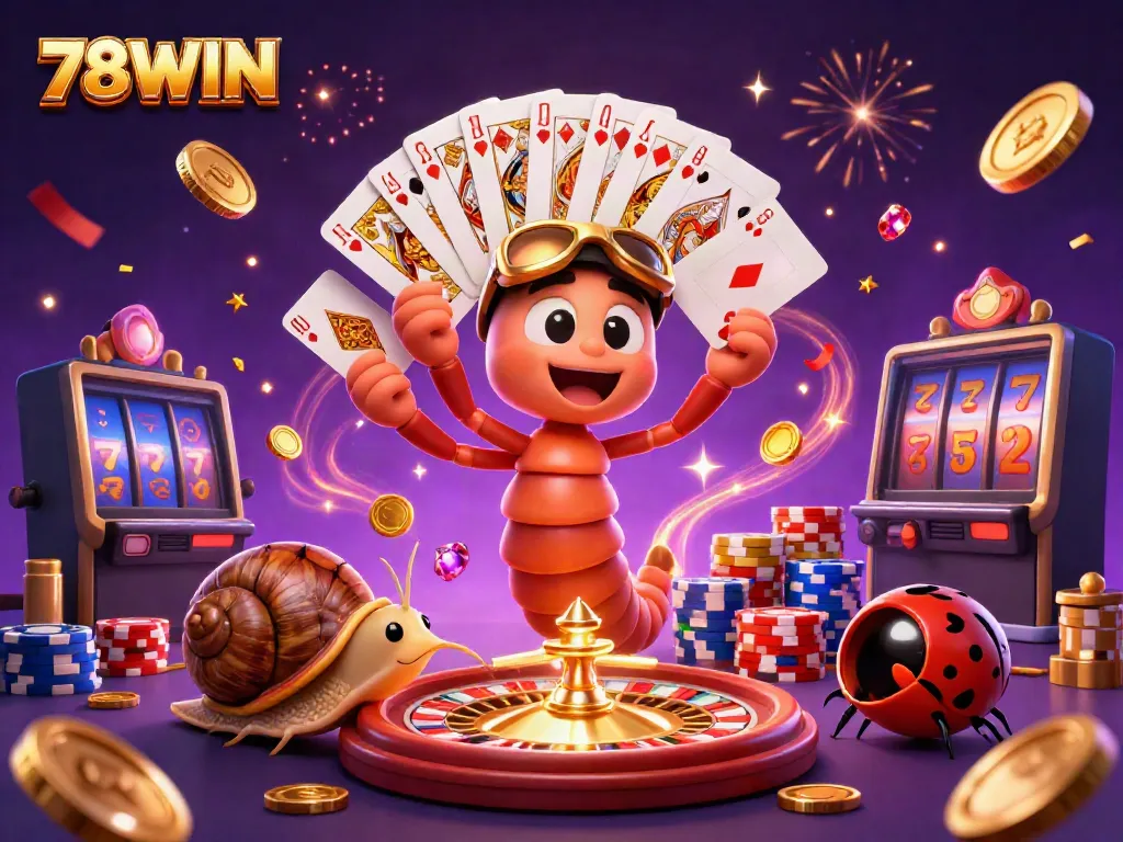 Experience excitement with 78WIN at a 3D casino featuring a vibrant dealer and high-roller surrounded by gaming elements.