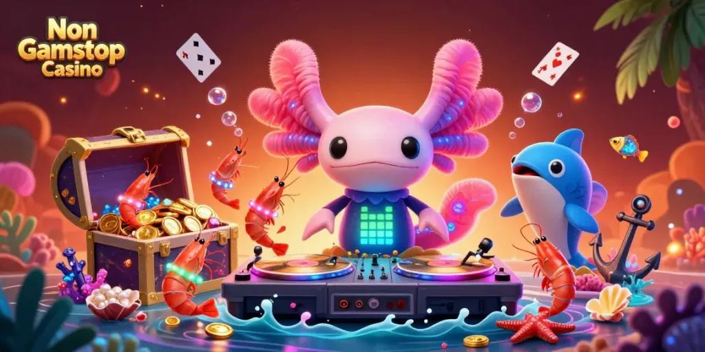 Experience the excitement of Non Gamstop Casino with this vibrant underwater DJ scene filled with animated sea creatures.