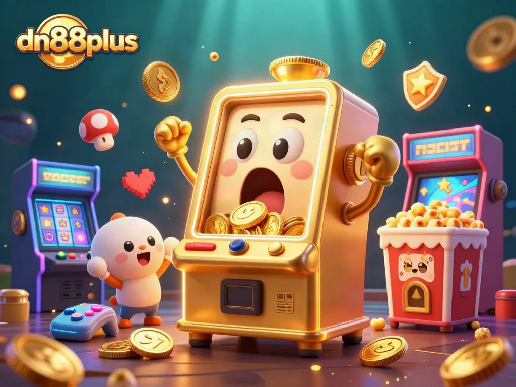 Celebrate wins with dn88plus as the golden slot machine hits the jackpot, showering coins everywhere.