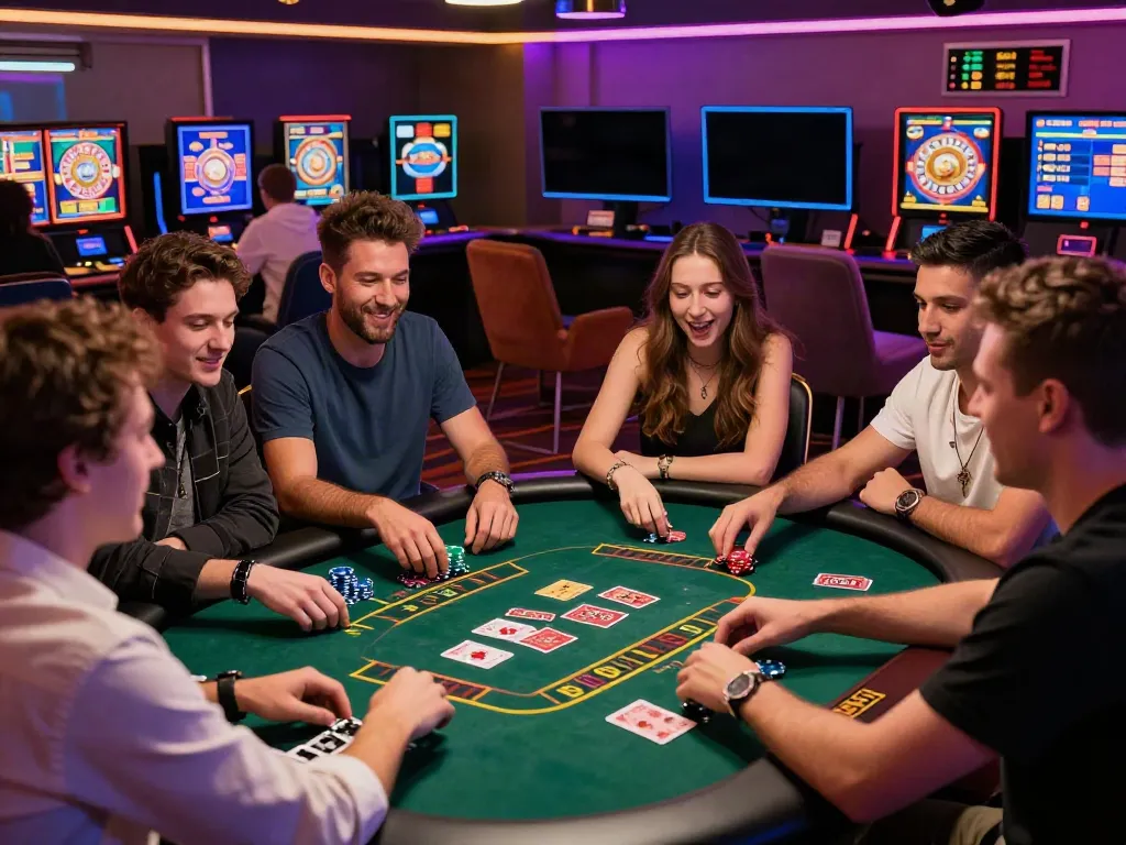 Enjoying a fun gaming night at a casino not on Gamstop UK with friends, vibrant atmosphere and engaging activities.