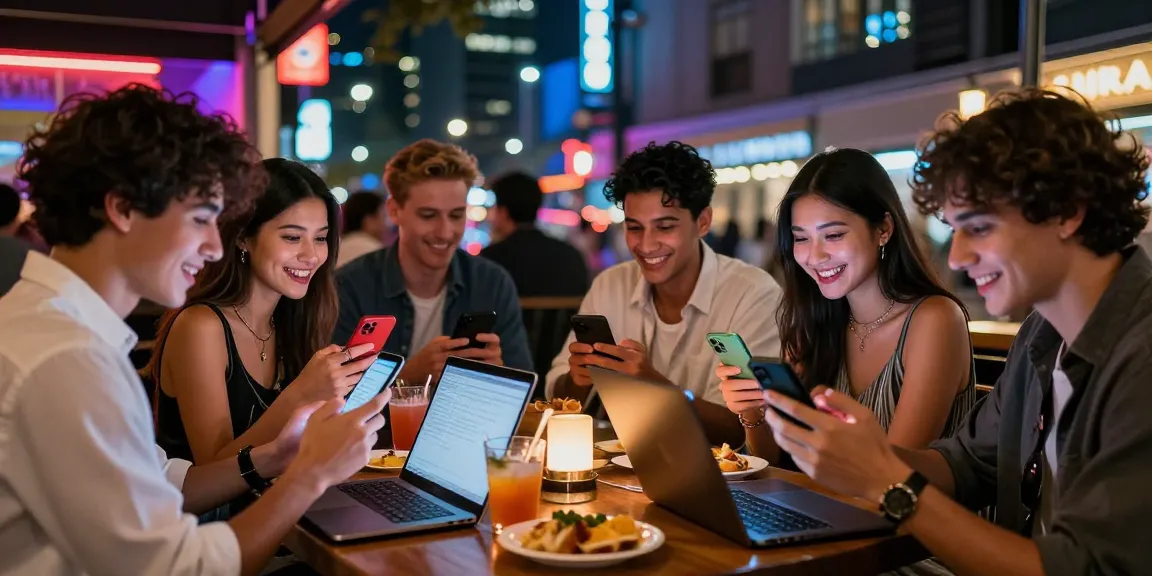 Group enjoying nightlife with nsfw content discussions at a lively bar, vibrant urban setting.