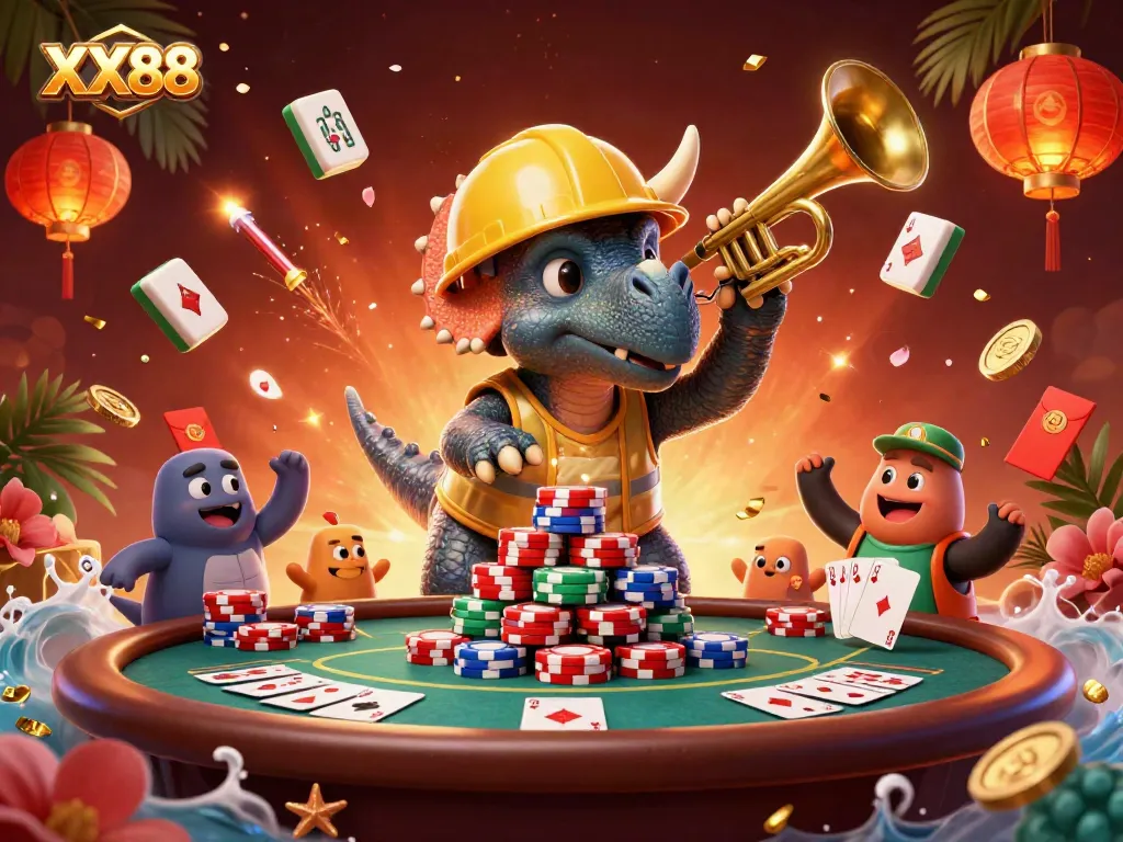 Experience poker excitement with XX88 in a vibrant, festive 3D casino scene.