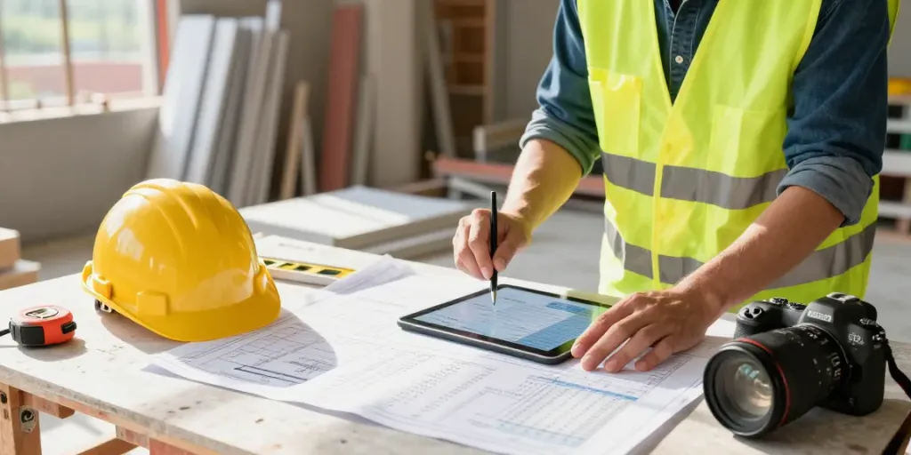 Residential quantity surveyor analysing construction plans on site.