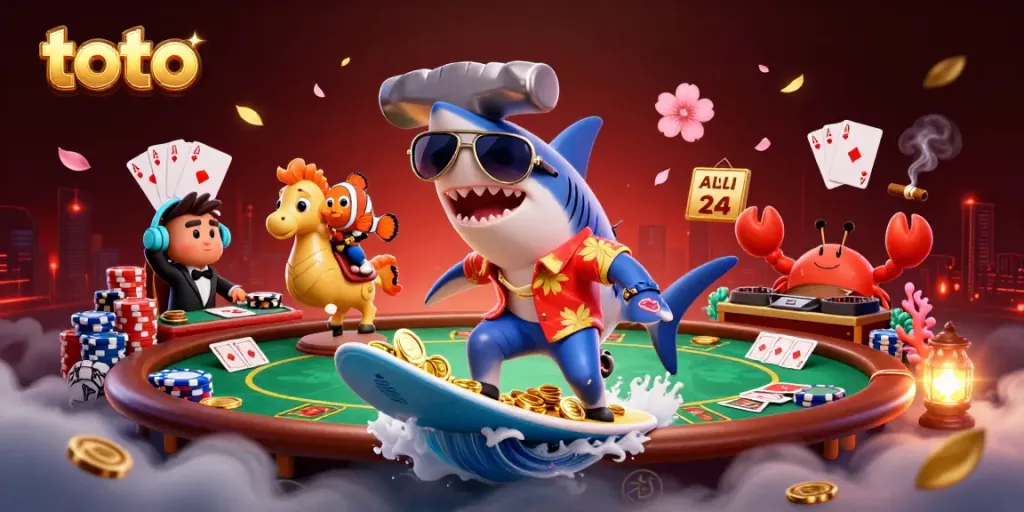 Engage in exciting toto gaming with a vibrant shark, seahorse, and DJ crab surrounded by poker elements.