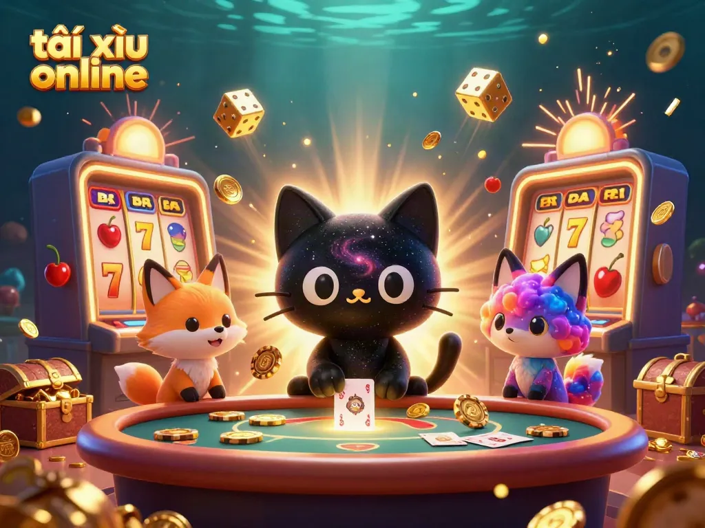 Experience the excitement of tài xỉu online in this cosmic casino illustration featuring a captivating black hole cat.