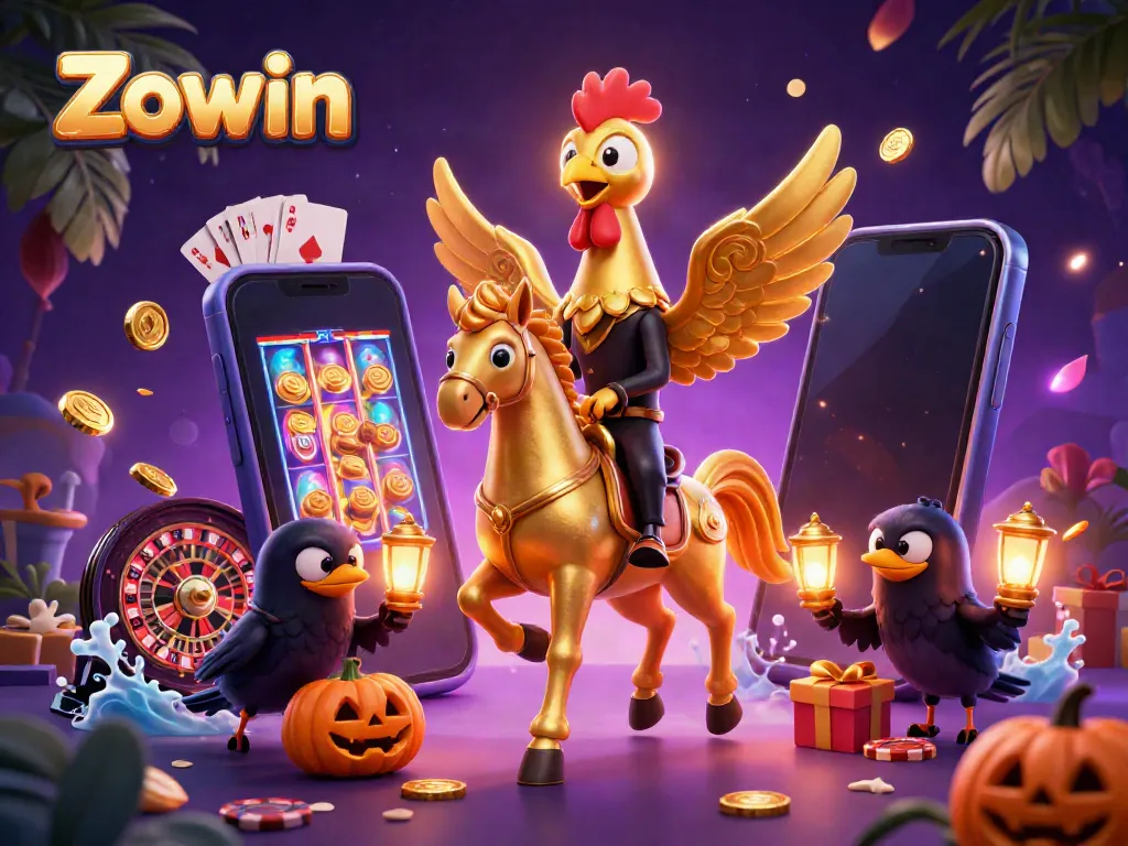 Experience Zowin with golden rooster and slot game magic in a vibrant casino scene.