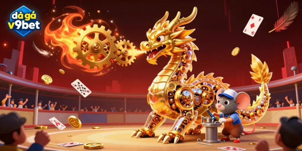 Experience thrilling action in đá gà v9bet with a fierce dragon battling in an energetic arena.