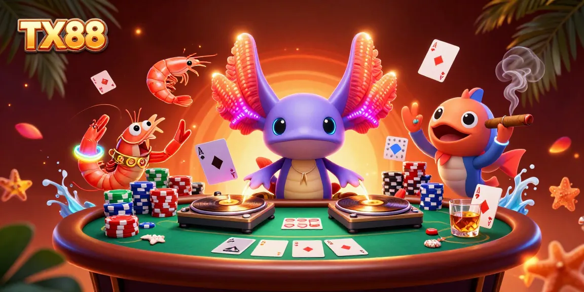 Join TX88’s vibrant casino adventure with an axolotl DJ spinning wins and excitement.