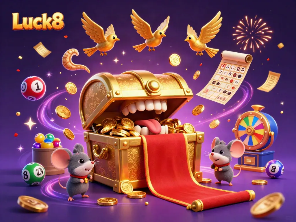 Luck8's golden treasure chest charms players with lottery balls and dynamic casino elements.