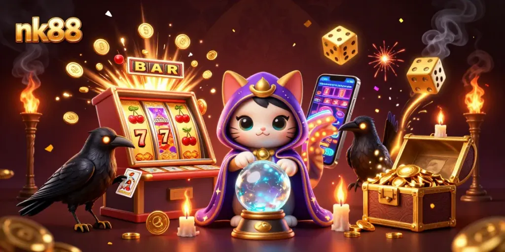 Engage with nk88's thrilling slot adventure featuring a mystic cat and vibrant casino scene.