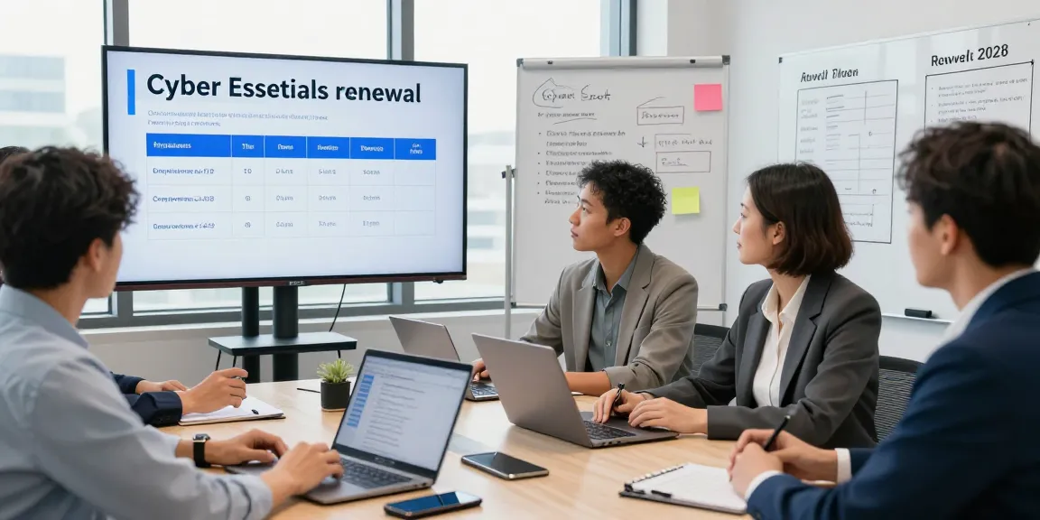 Team discussing cyber essentials renewal in a professional office setting with digital compliance materials.