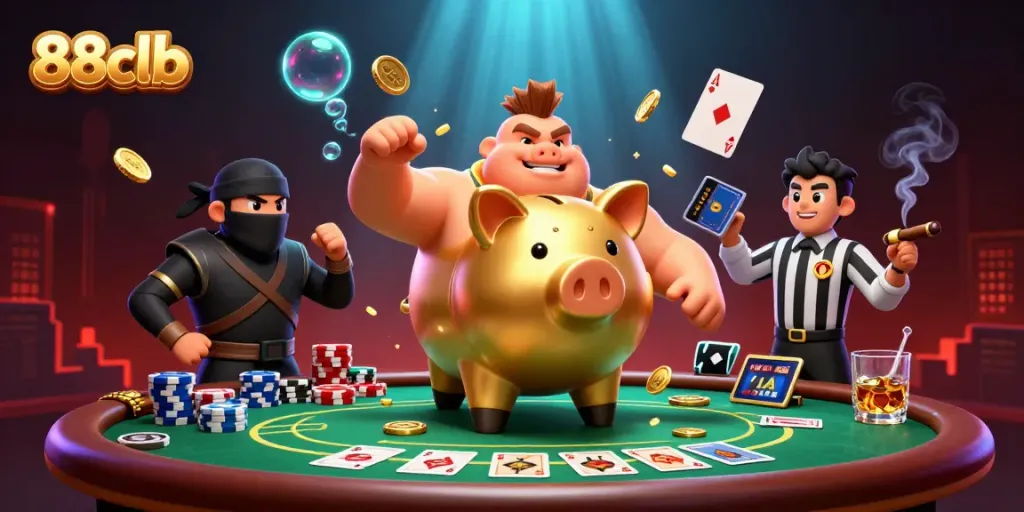 88clb showcases a thrilling casino scene with a giant piggy bank wrestler and a ninja amidst poker excitement.