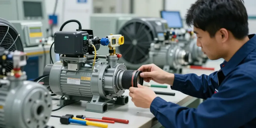 Technician adjusting a water pump pressure switch in an industrial workshop, showcasing precision and expertise.