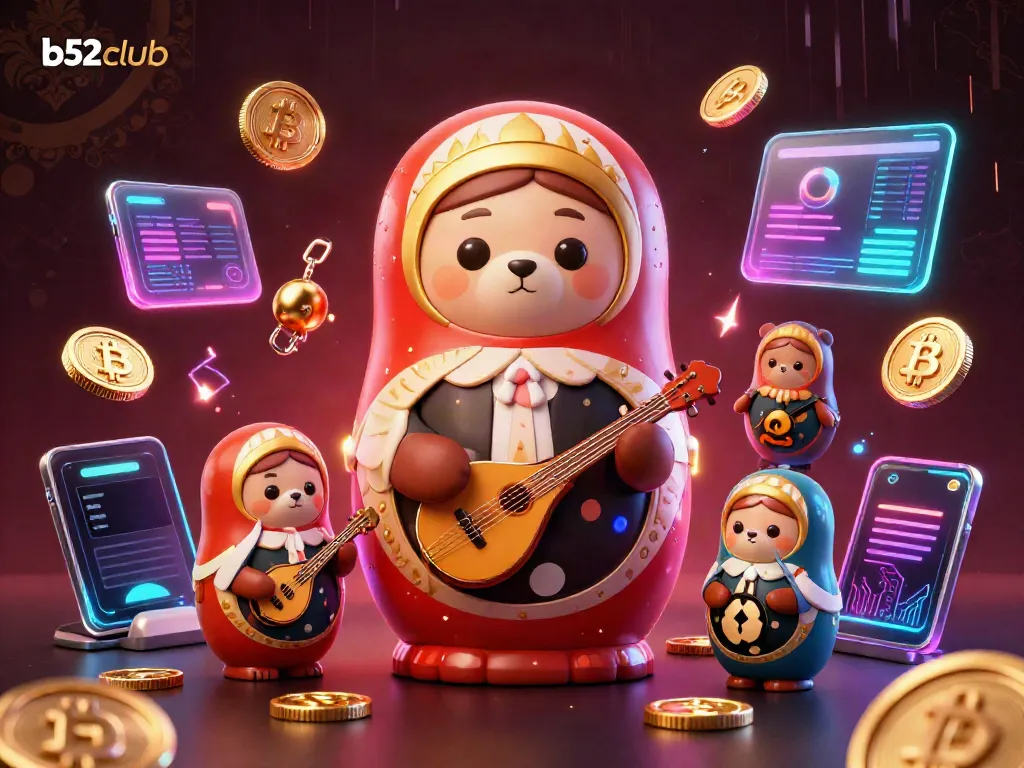 Join the excitement of b52club with vibrant casino-themed 3D illustration showcasing fun characters and crypto elements.