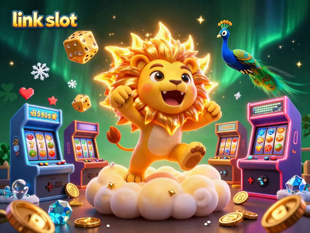 Experience thrilling gameplay with link slot in this vibrant 3D casino scene featuring colorful game machines and iconic symbols.