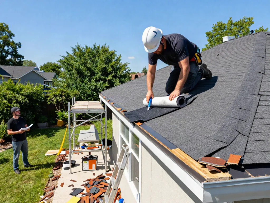 Felt roof replacement in progress, roofer applying new felt material on flat roof.