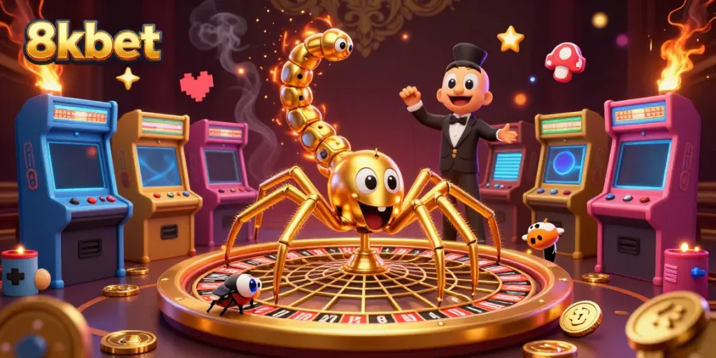 Experience the thrilling world of 8xbet with a golden spider spinning a roulette web in this vibrant casino scene.