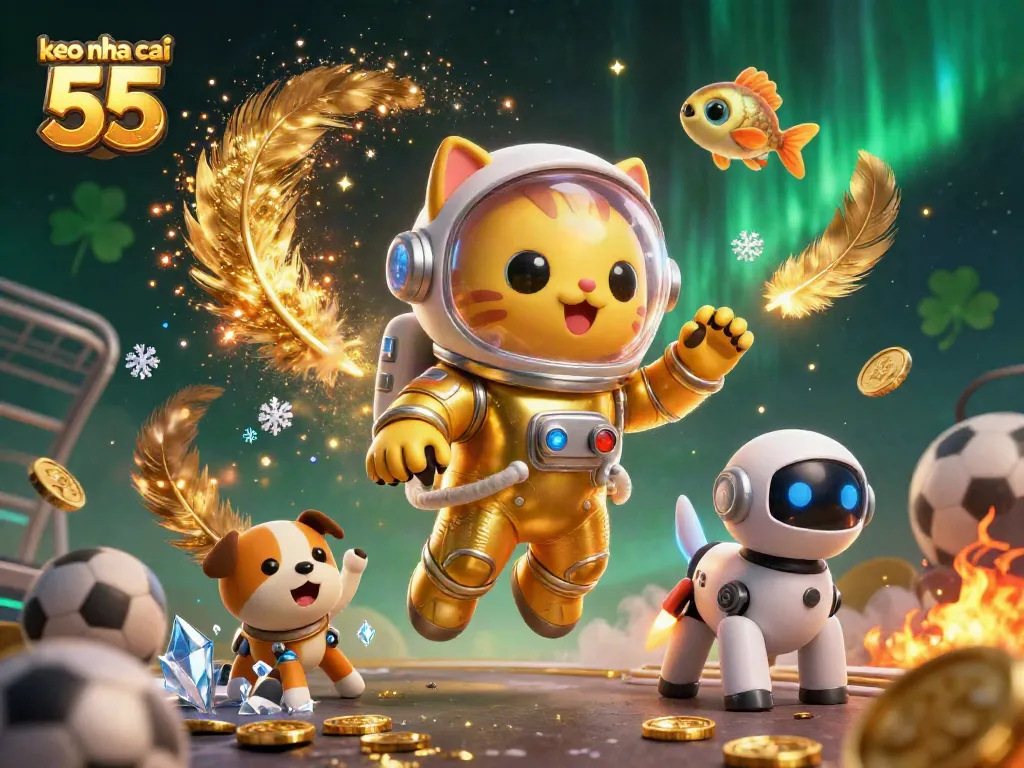 Bet with keo nha cai 55 as the astronaut cat and robot dog navigate a dynamic cosmic sports scene.