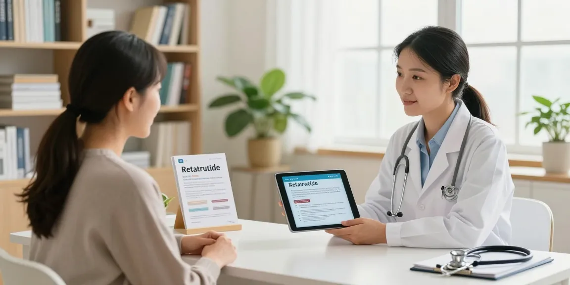 Patient consultation in a bright clinic discussing retatrutide for sale with healthcare professional.
