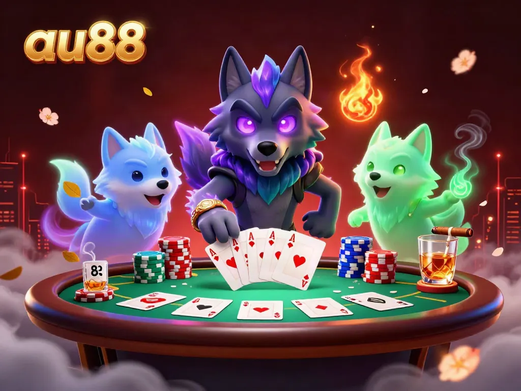 Experience thrilling casino moments with au88 in this dynamic 3D illustration featuring poker action and ghostly wolf spirits.