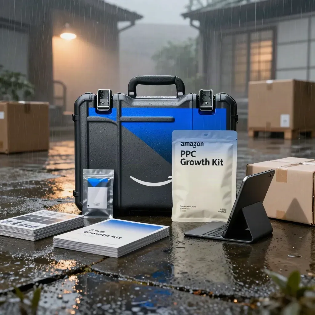 Amazon PPC growth kit on a wet terrace with cartons, cards, pouch and blue reflections.
