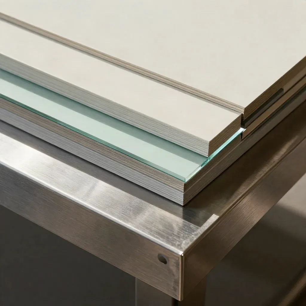 Macro of pale panels, spacer blocks and brushed acrylic strips stacked on a pewter workbench.