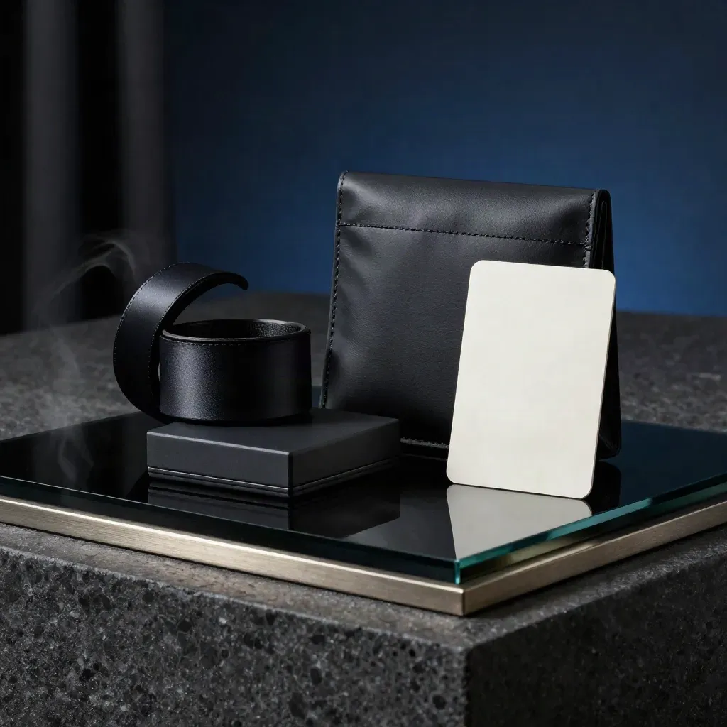 Matte-black Ama Genius bundle on black glass with steam, reflection, and a navy glow.