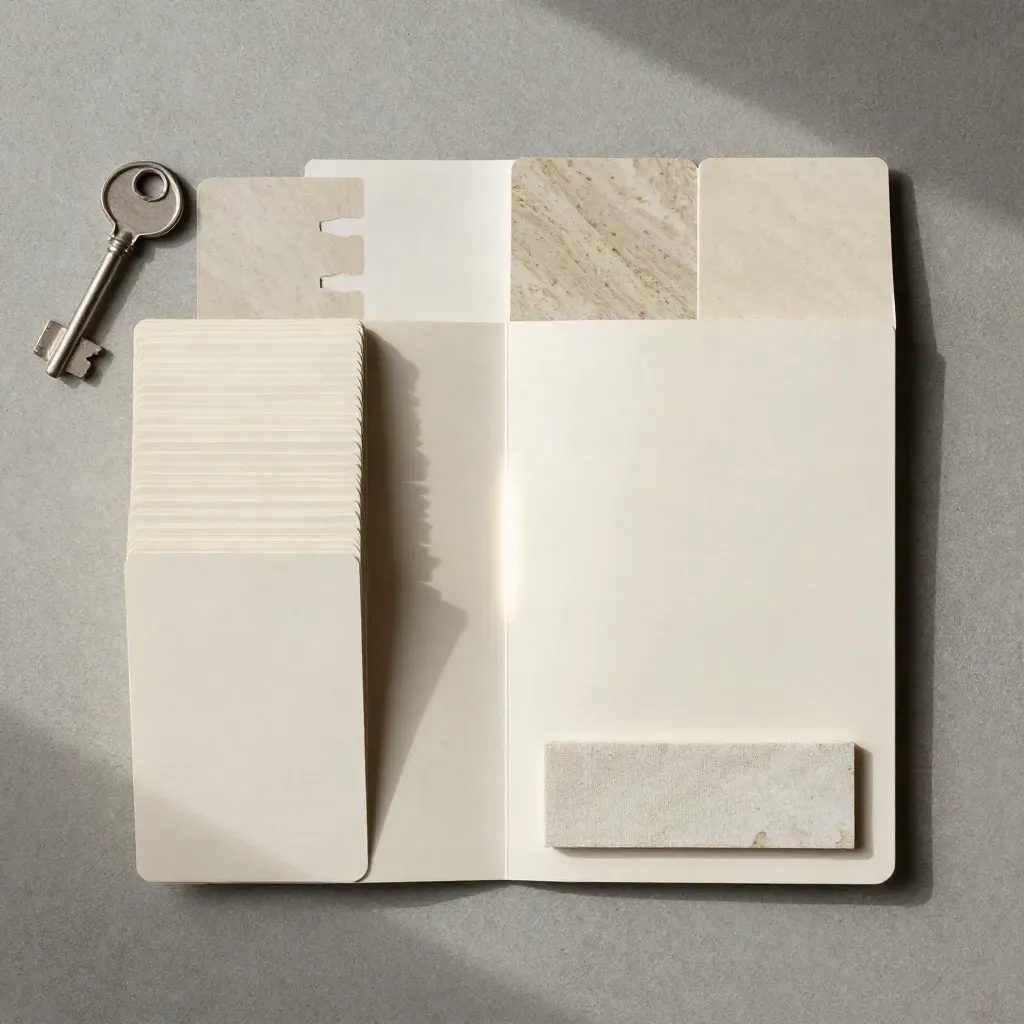 Cream listing rewrite pack with cards, tabs, folder, linen strip and stone sample on concrete.