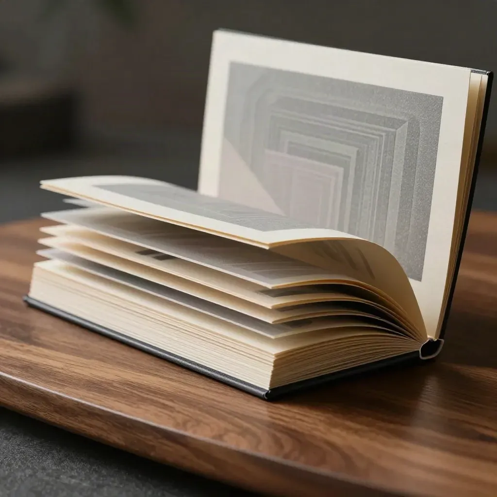 Accordion content pack open on a walnut slab with layered translucent inserts in dramatic light.