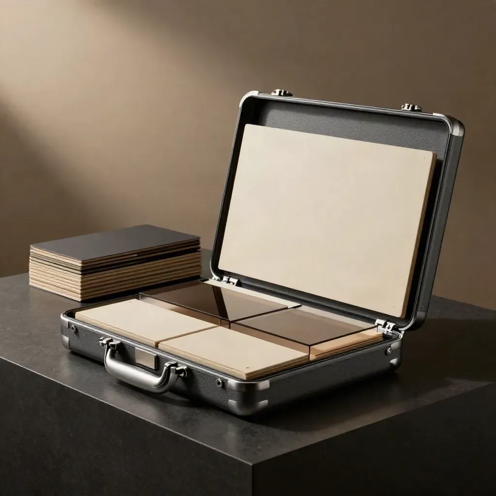 Open graphite A+ content kit case with translucent inserts on a dark studio plinth.